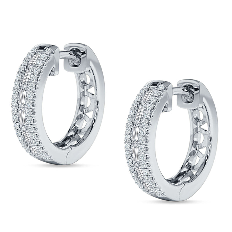 Round & Baguette Cubic Zirconia Huggie Hoop Earring 925 Sterling Silver