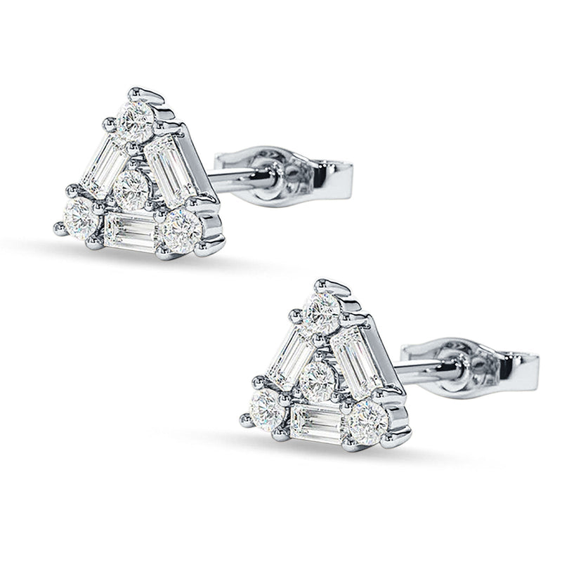 Triangular Shaped Baguette & Round Cubic Zirconia Stud Earring 925 Sterling Silver