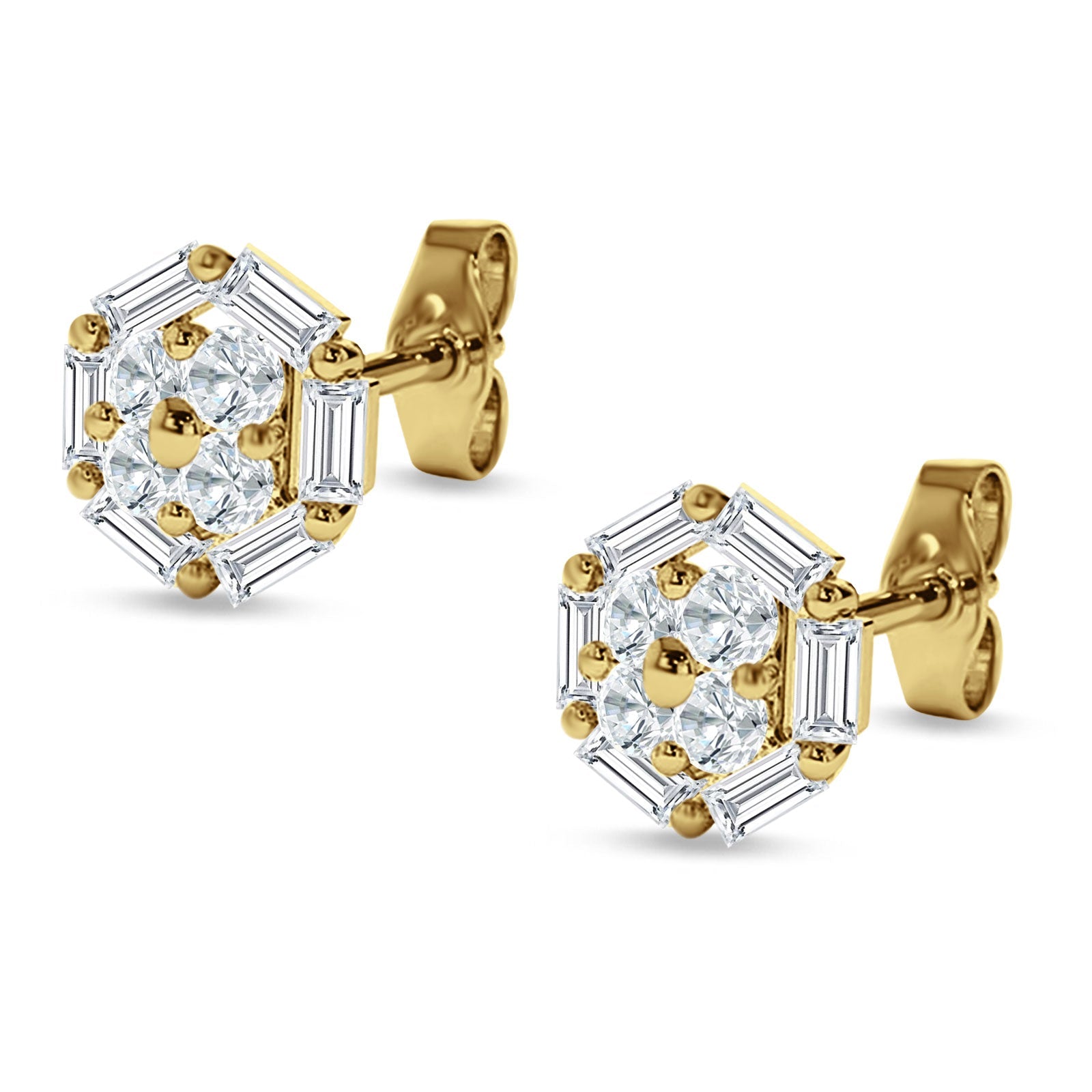 Hexagonal Stud Earring Baguette & Round Cubic Zirconia 925 Sterling Silver