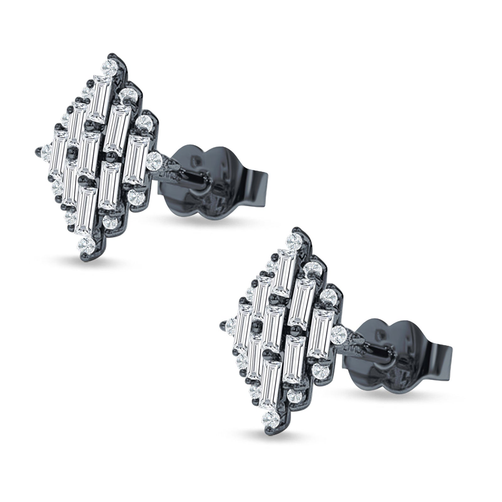 Baguette & Round Cubic Zirconia Cluster Stud Earring 925 Sterling Silver
