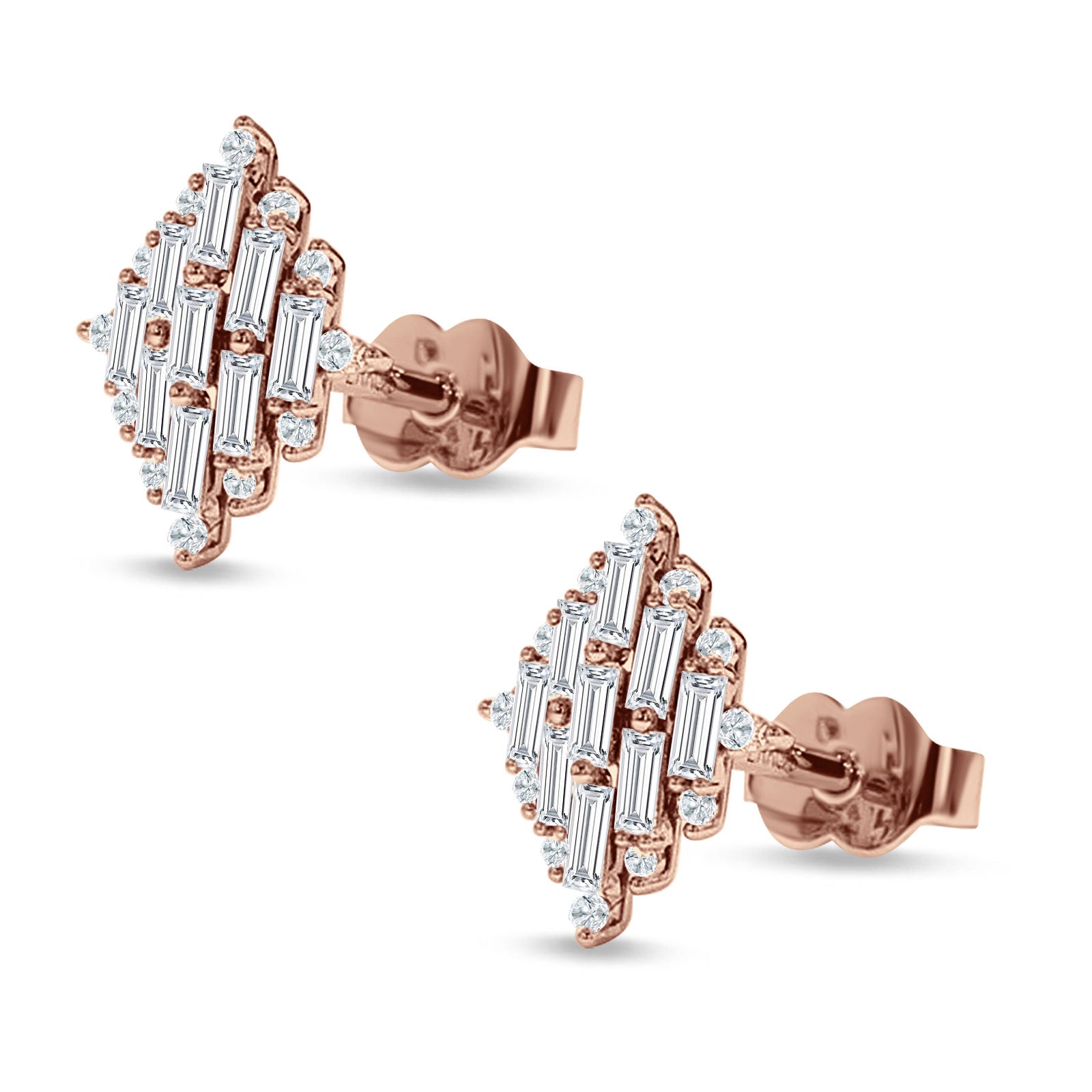 Baguette & Round Cubic Zirconia Cluster Stud Earring 925 Sterling Silver