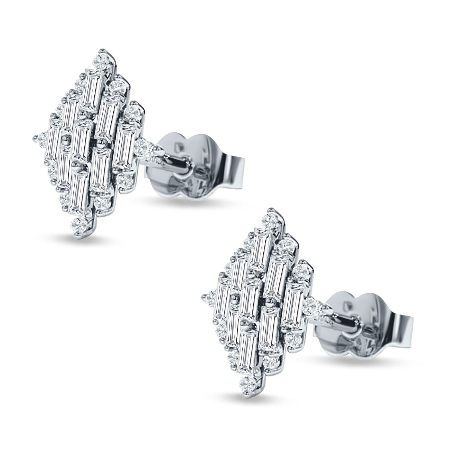 Baguette & Round Cubic Zirconia Cluster Stud Earring 925 Sterling Silver