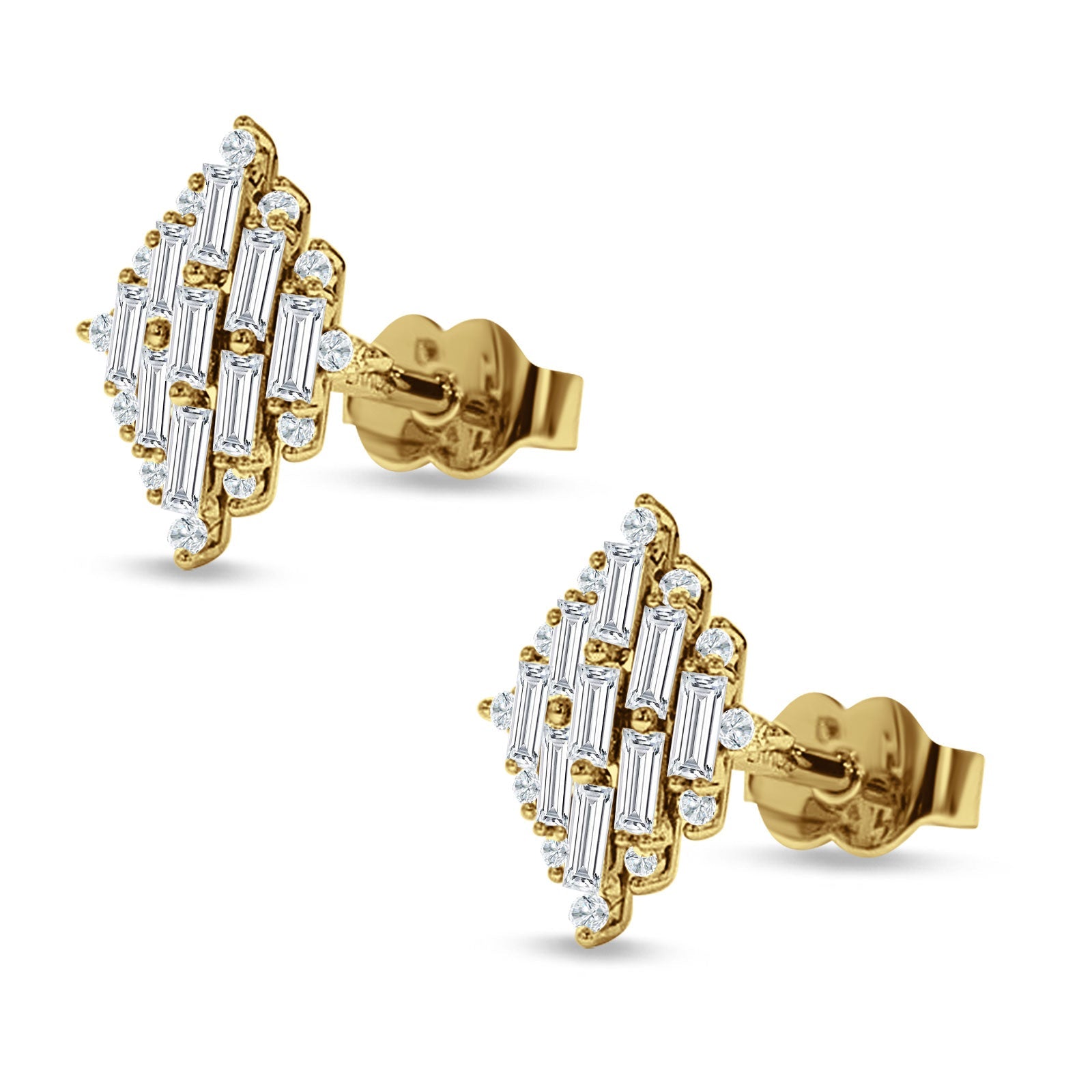 Baguette & Round Cubic Zirconia Cluster Stud Earring 925 Sterling Silver