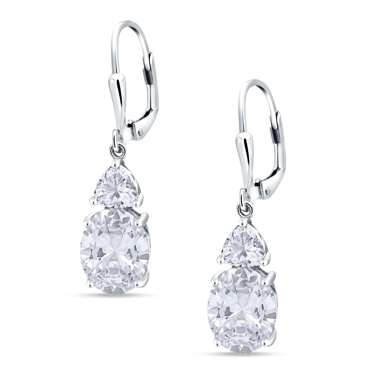 Oval Drop Dangle Triangular Cubic Zirconia Leverback Earring 925 Sterling Silver