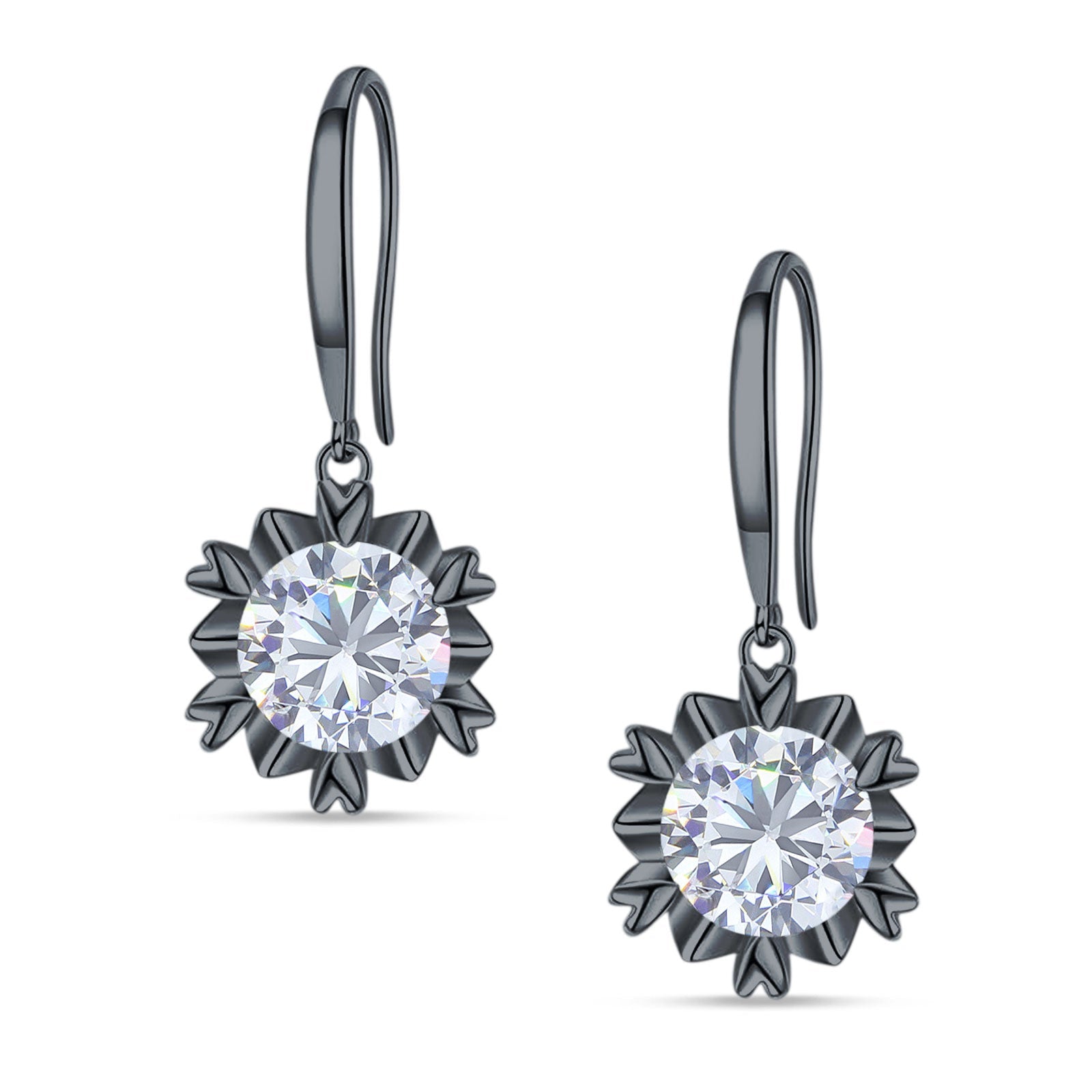 Round Cubic Zirconia Flower Heart Designer Fishhook Earring 925 Sterling Silver