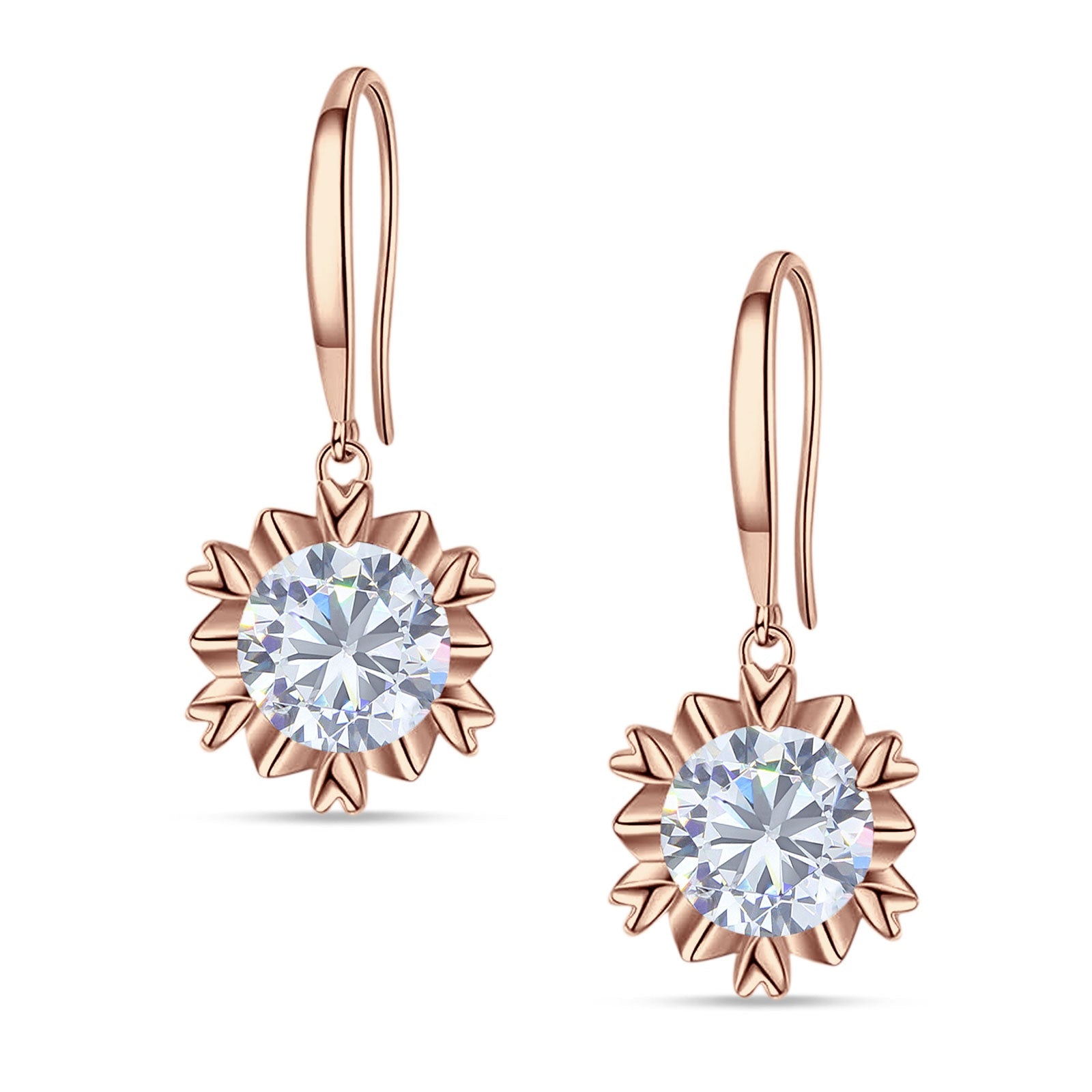 Round Cubic Zirconia Flower Heart Designer Fishhook Earring 925 Sterling Silver