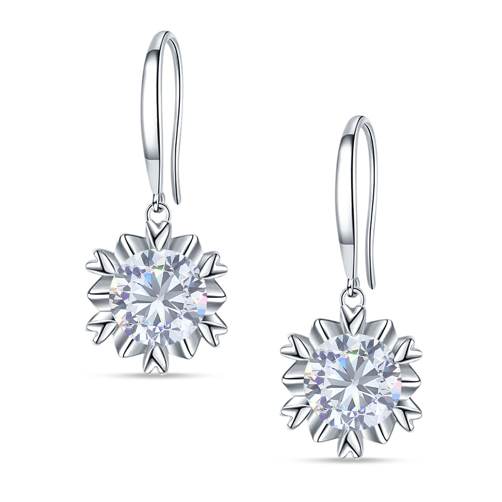 Round Cubic Zirconia Flower Heart Designer Fishhook Earring 925 Sterling Silver