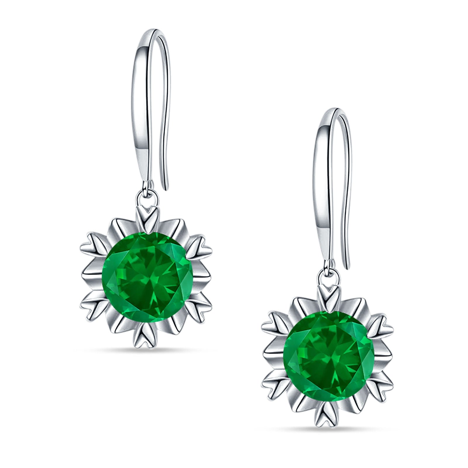 Round Cubic Zirconia Flower Heart Designer Fishhook Earring 925 Sterling Silver
