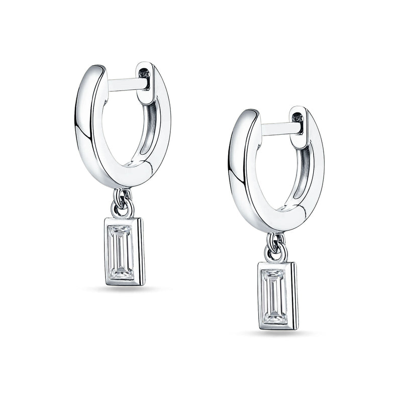 Emerald Cut Solitaire Dangling Hoop Earring Cubic Zirconia 925 Sterling Silver