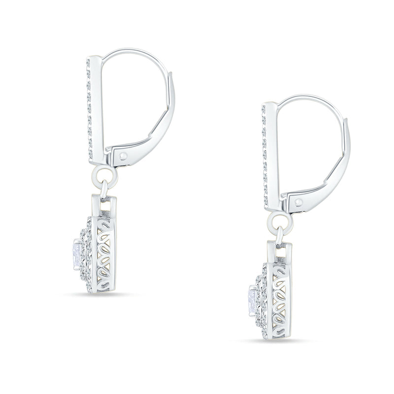 Emerald Cut CLuster Cubic Zirconia Drop Dangle Leverback Earrings 925 Sterling Silver