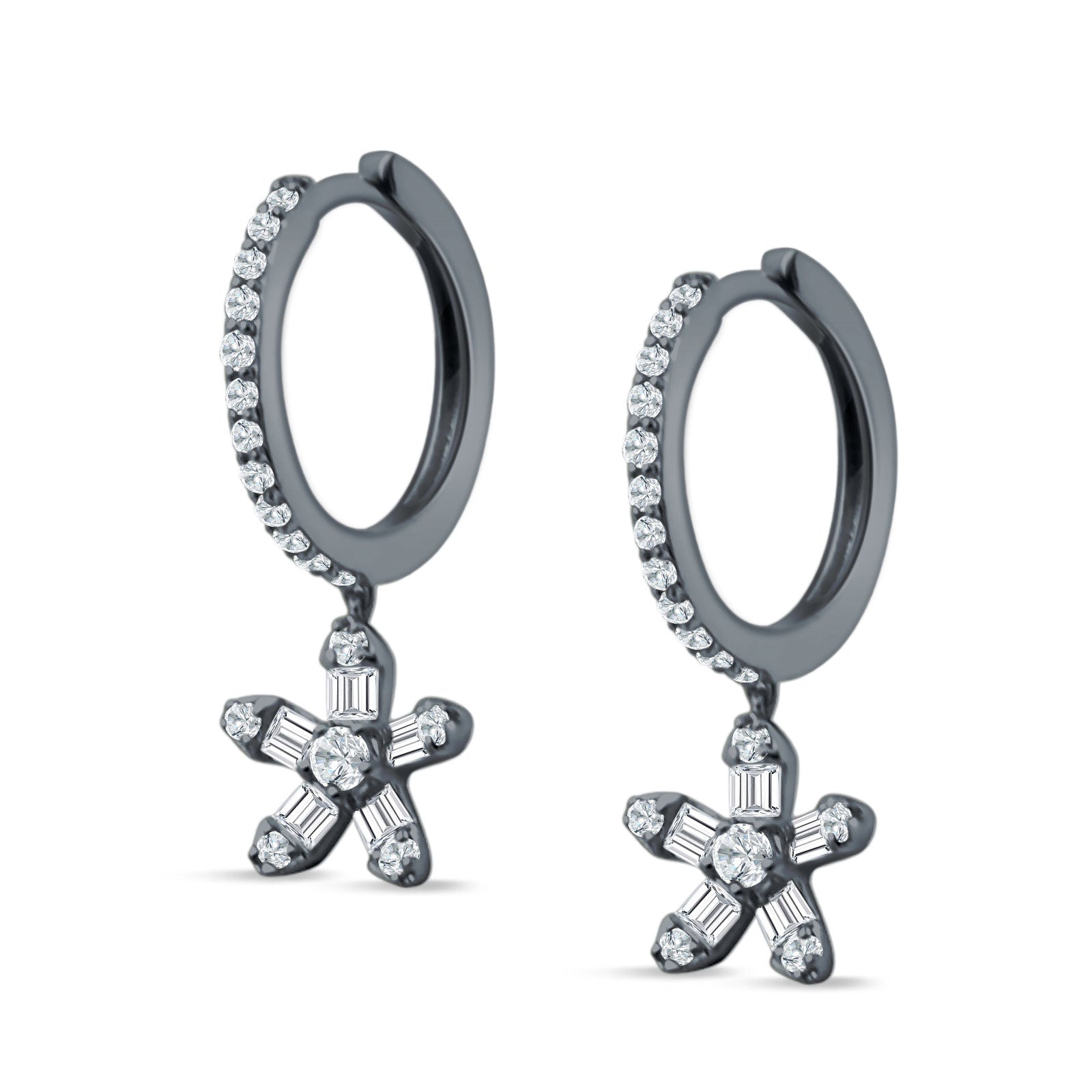Dangle Drop Floral Star Hoop Earrings Cubic Zirconia 925 Sterling Silver