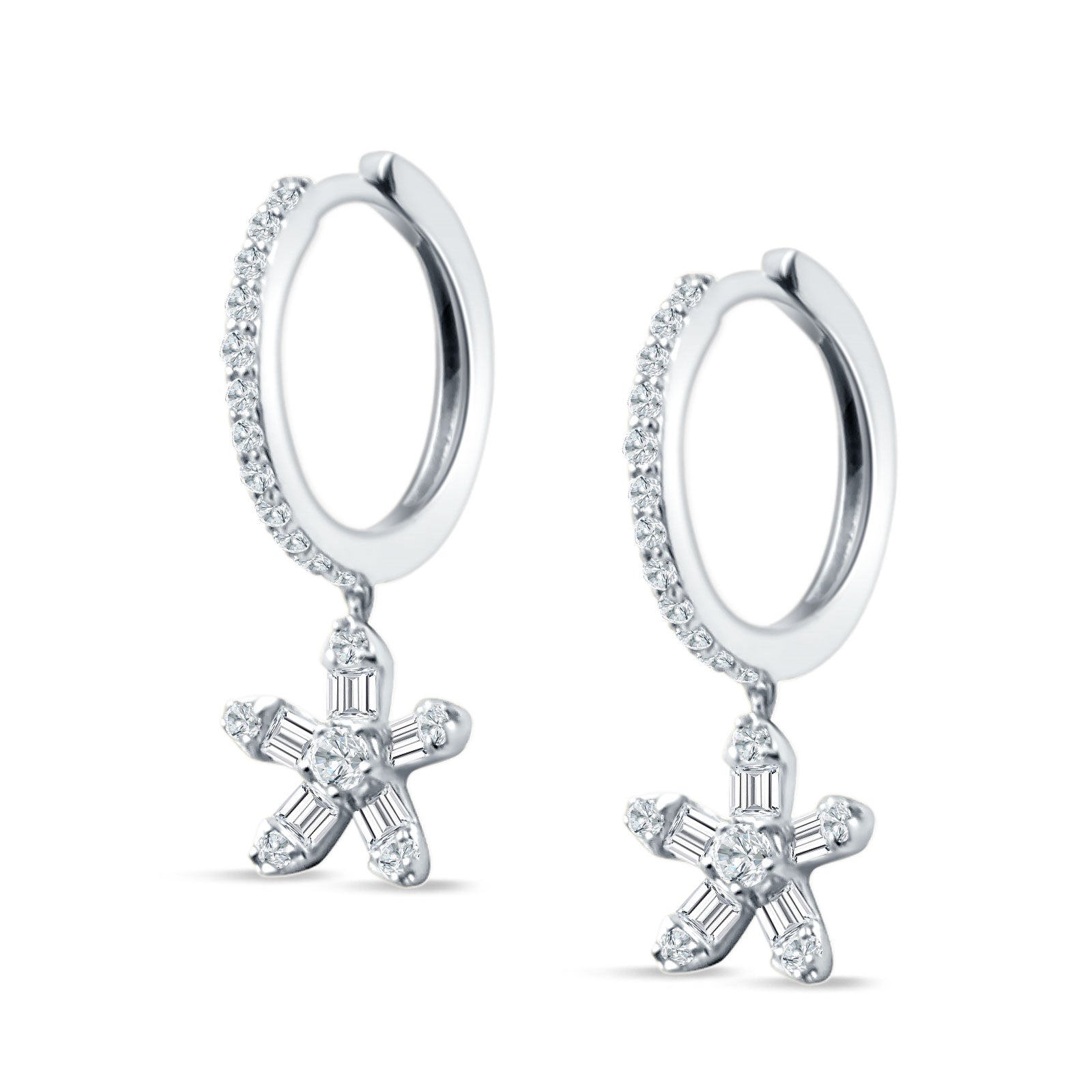 Dangle Drop Floral Star Hoop Earrings Cubic Zirconia 925 Sterling Silver