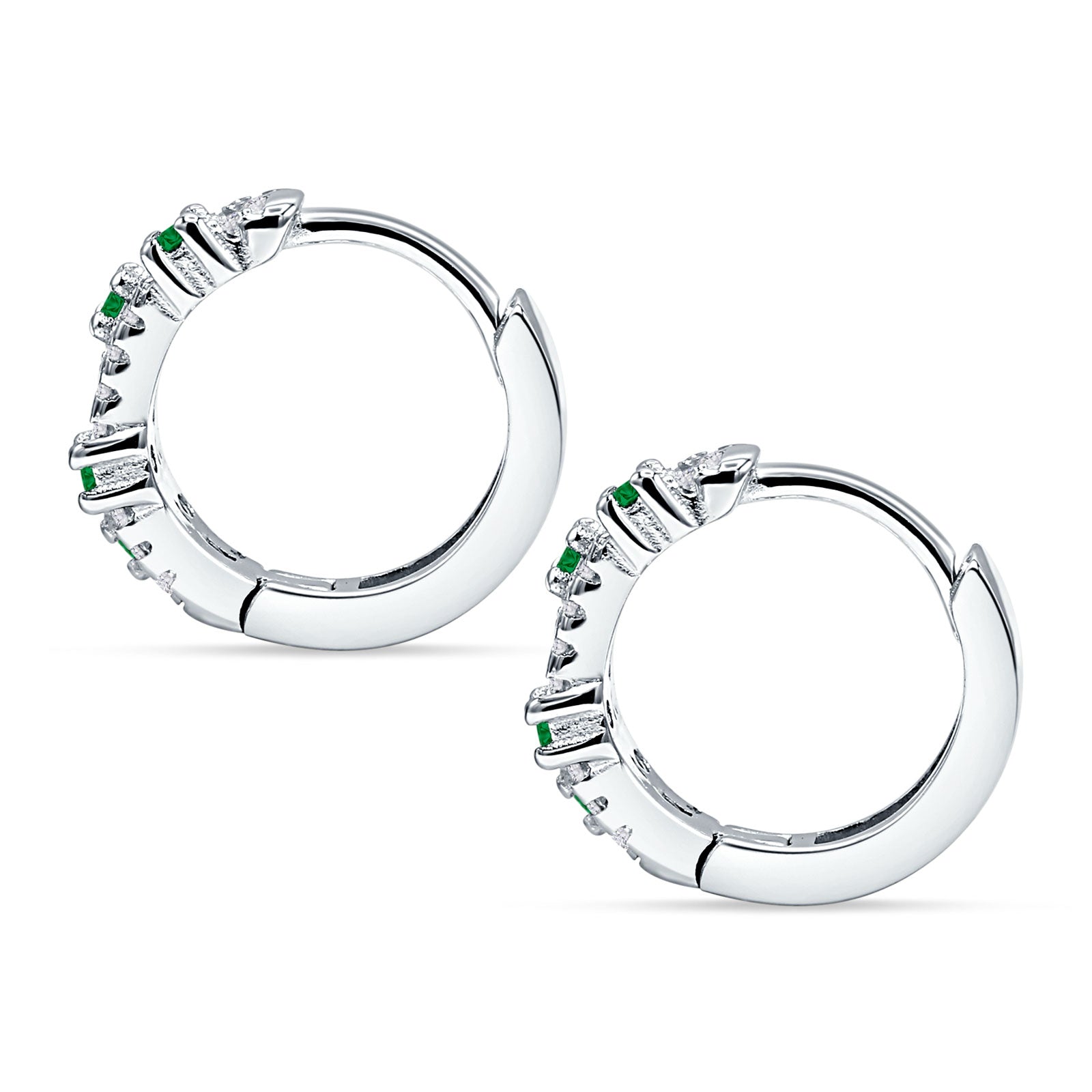 Minimalist 12.7mm Round CZ & Green Emerald CZ Hoop Earrings 925 Sterling Silver