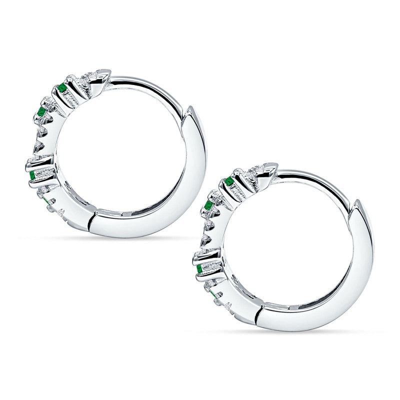 Minimalist 12.7mm Round CZ & Green Emerald CZ Hoop Earrings 925 Sterling Silver