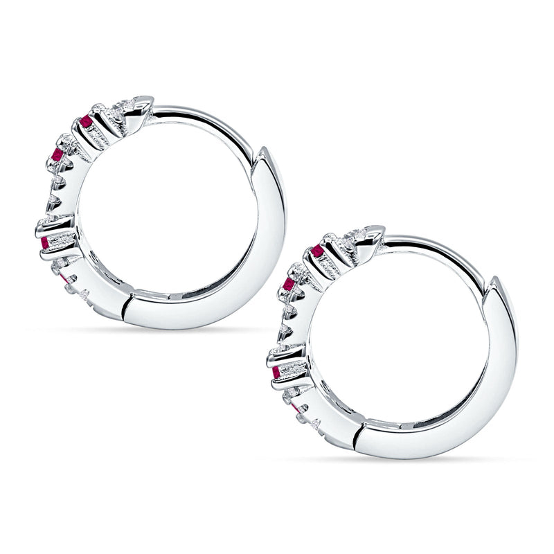 Minimalist 12.7mm Round CZ & Ruby CZ Hoop Earrings 925 Sterling Silver