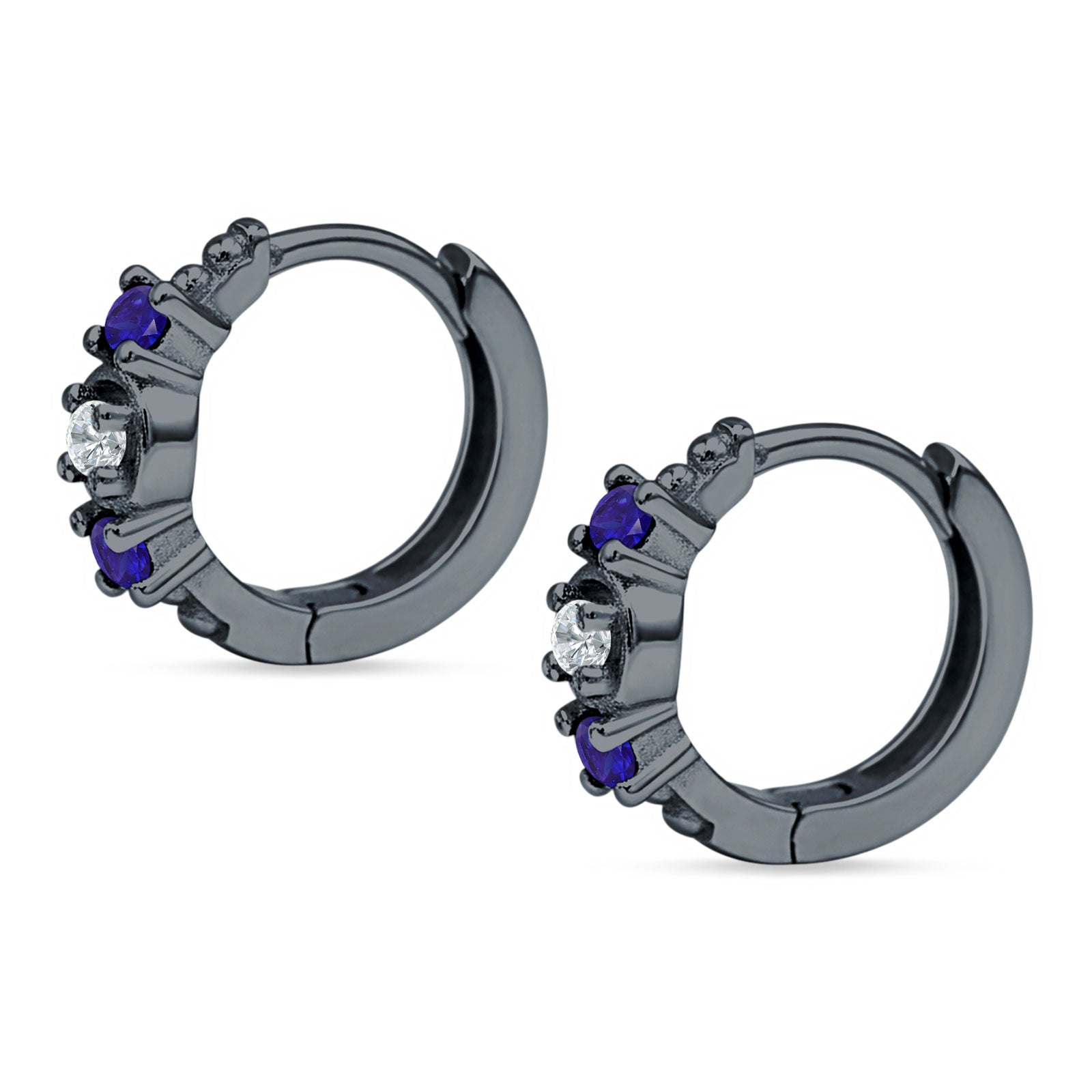 Minimalist 12mm Round CZ & Blue Sapphire CZ Trio Hoop Earrings 925 Sterling Silver