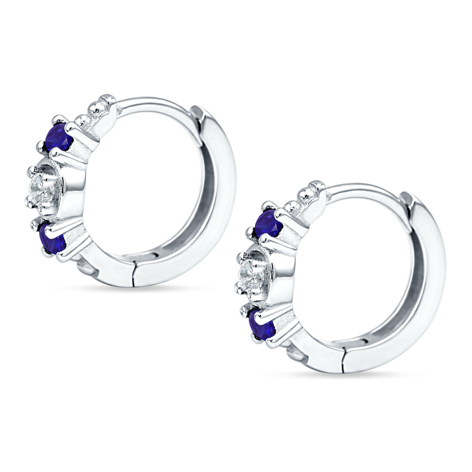 Minimalist 12mm Round CZ & Blue Sapphire CZ Trio Hoop Earrings 925 Sterling Silver