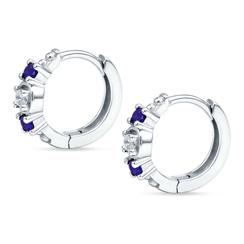Minimalist 12mm Round CZ & Blue Sapphire CZ Trio Hoop Earrings 925 Sterling Silver