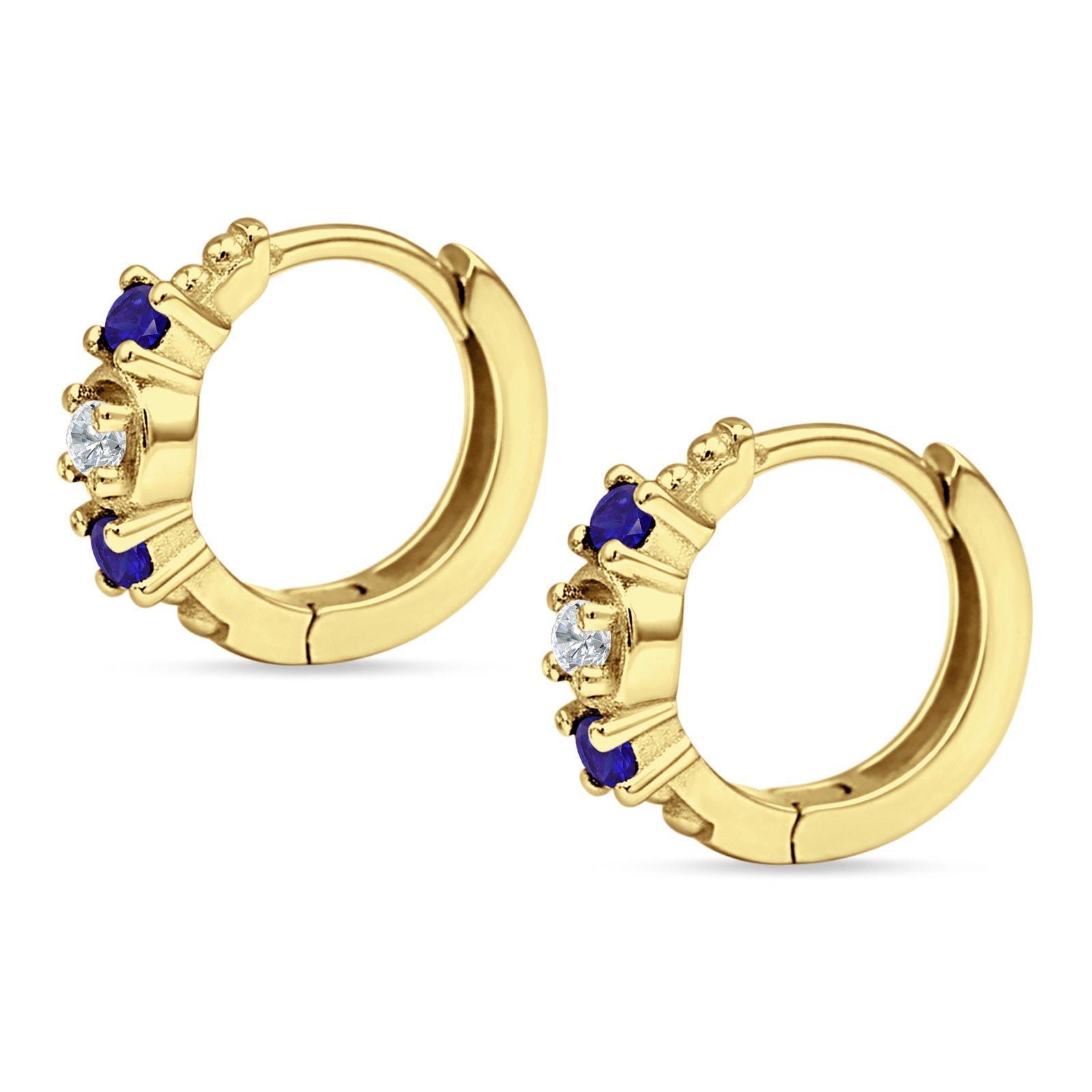 Minimalist 12mm Round CZ & Blue Sapphire CZ Trio Hoop Earrings 925 Sterling Silver