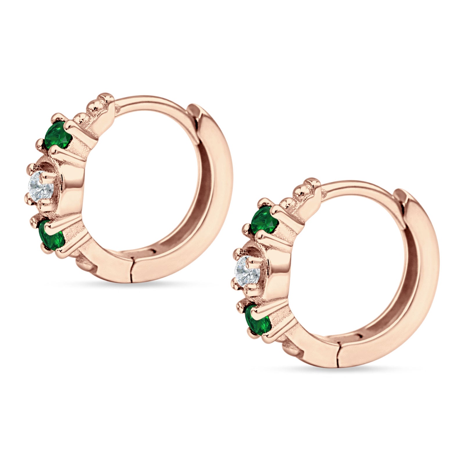 Minimalist 12mm Round CZ & Green Emerald CZ Trio Hoop Earrings 925 Sterling Silver