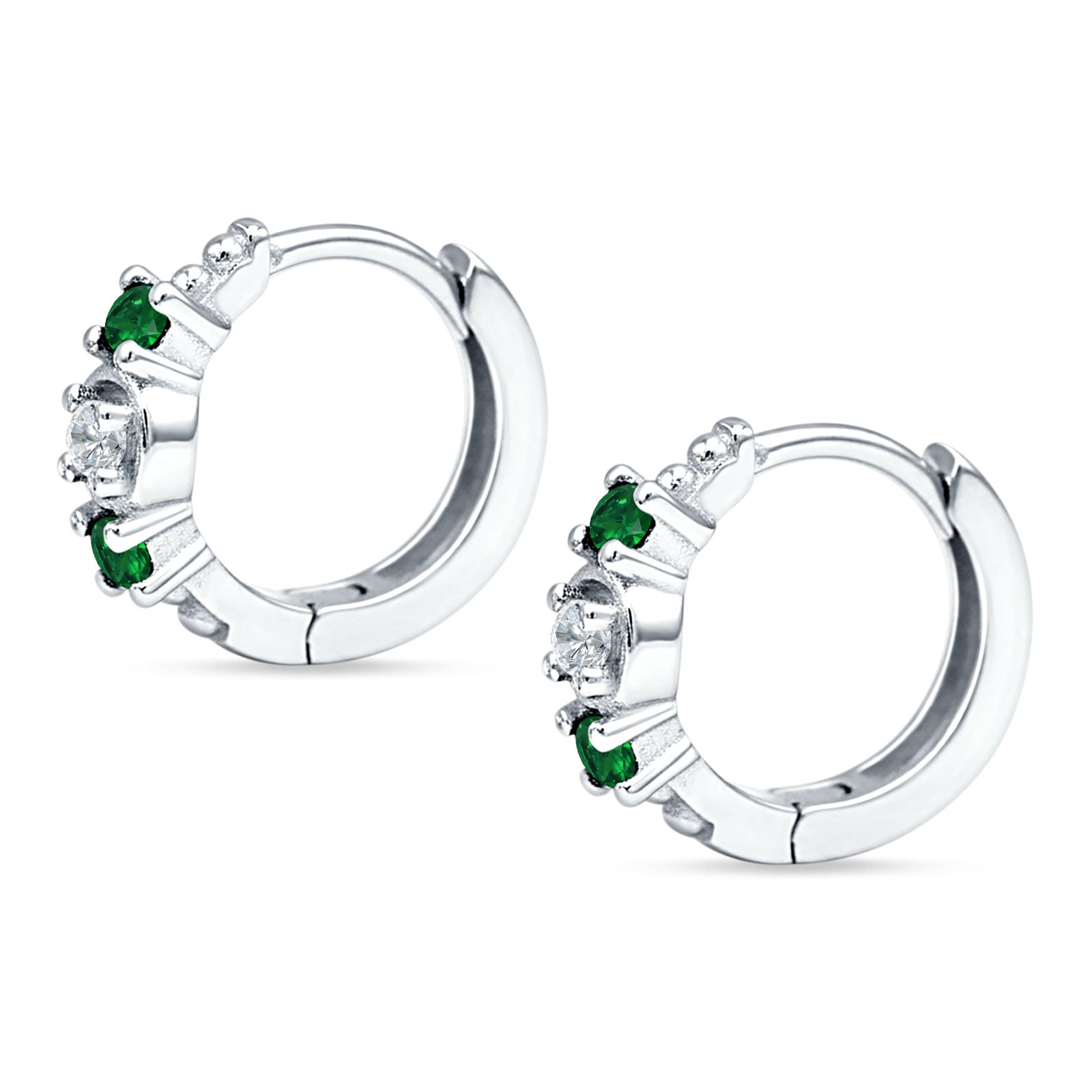 Minimalist 12mm Round CZ & Green Emerald CZ Trio Hoop Earrings 925 Sterling Silver