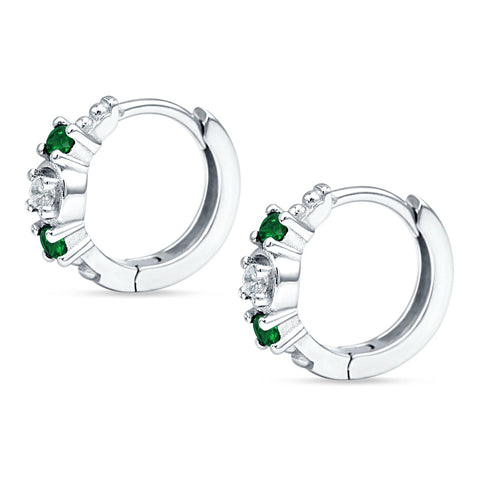 Minimalist 12mm Round CZ & Green Emerald CZ Trio Hoop Earrings 925 Sterling Silver