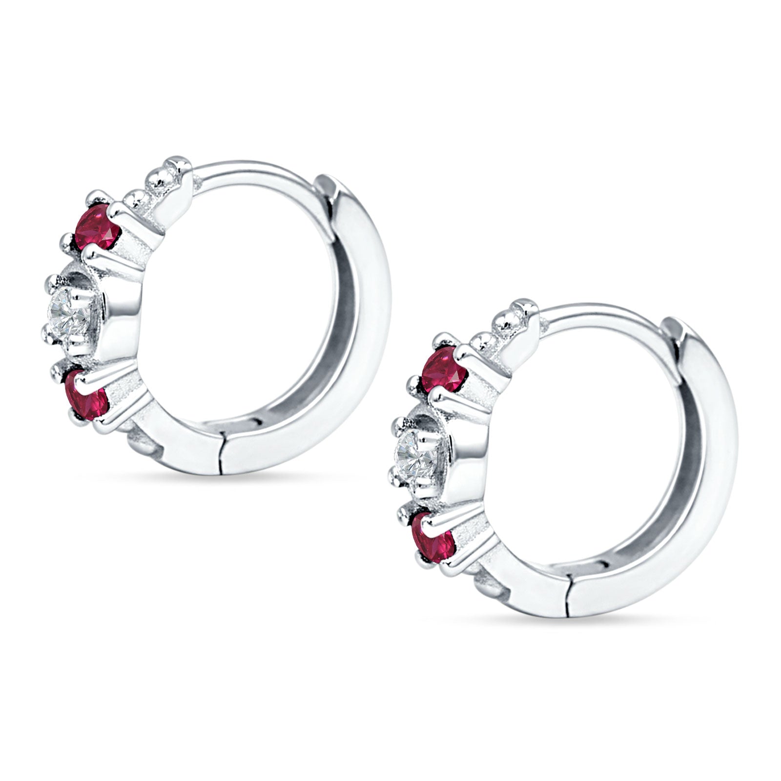 Minimalist 12mm Round CZ & Ruby CZ Trio Hoop Earrings 925 Sterling Silver