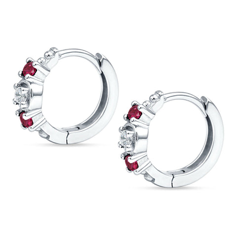 Minimalist 12mm Round CZ & Ruby CZ Trio Hoop Earrings 925 Sterling Silver