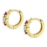 Minimalist 12mm Round CZ & Ruby CZ Trio Hoop Earrings 925 Sterling Silver