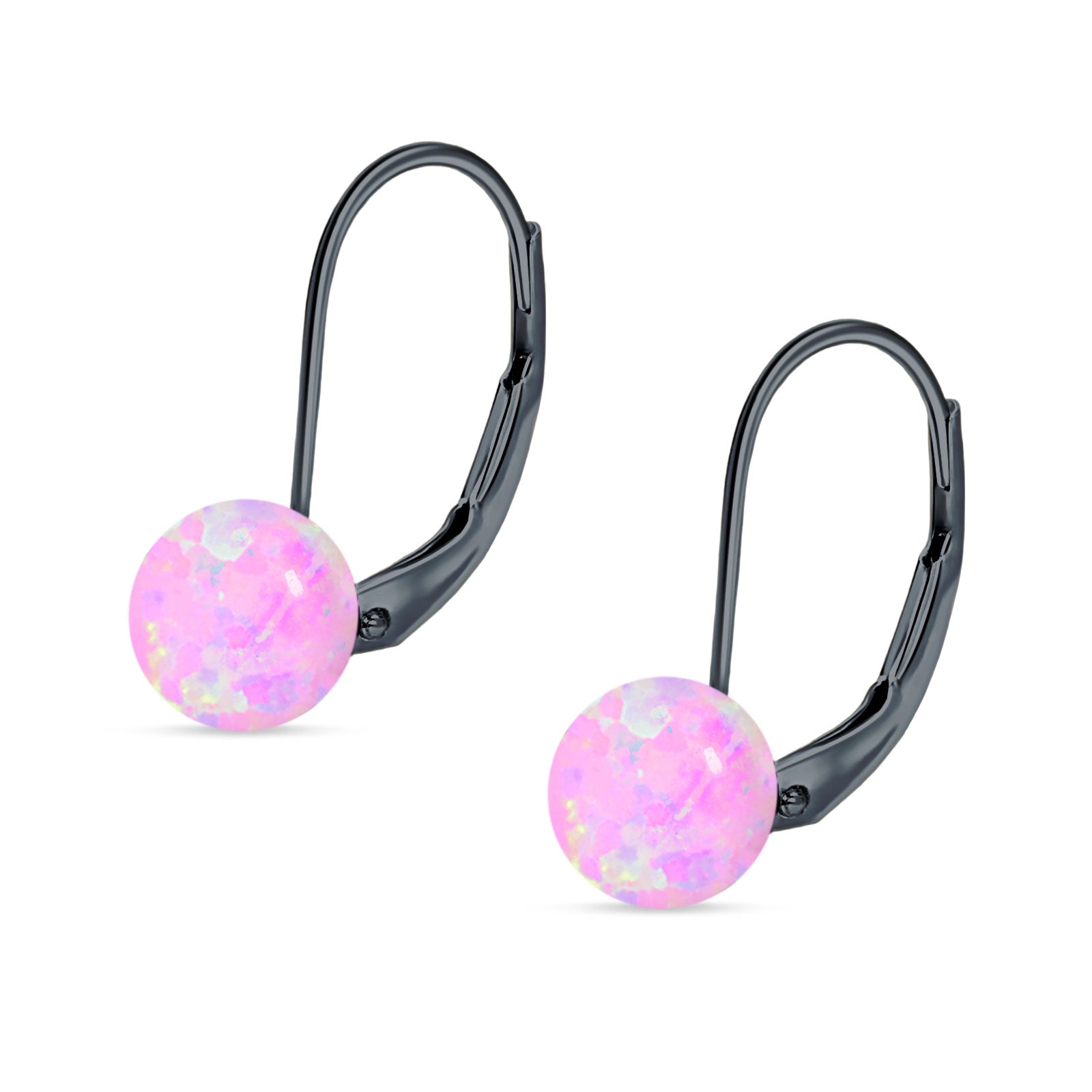 Round 8mm Lab Created Pink Opal Leverback Earrings 925 Sterling Silver