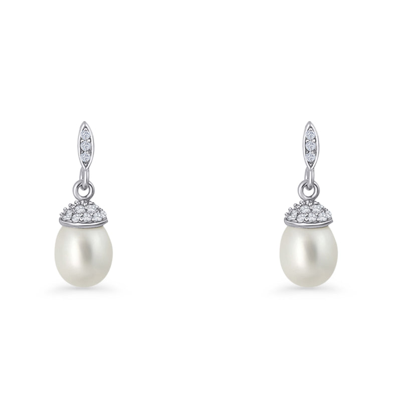 Oval Pearl Charm CZ Stud Earrings