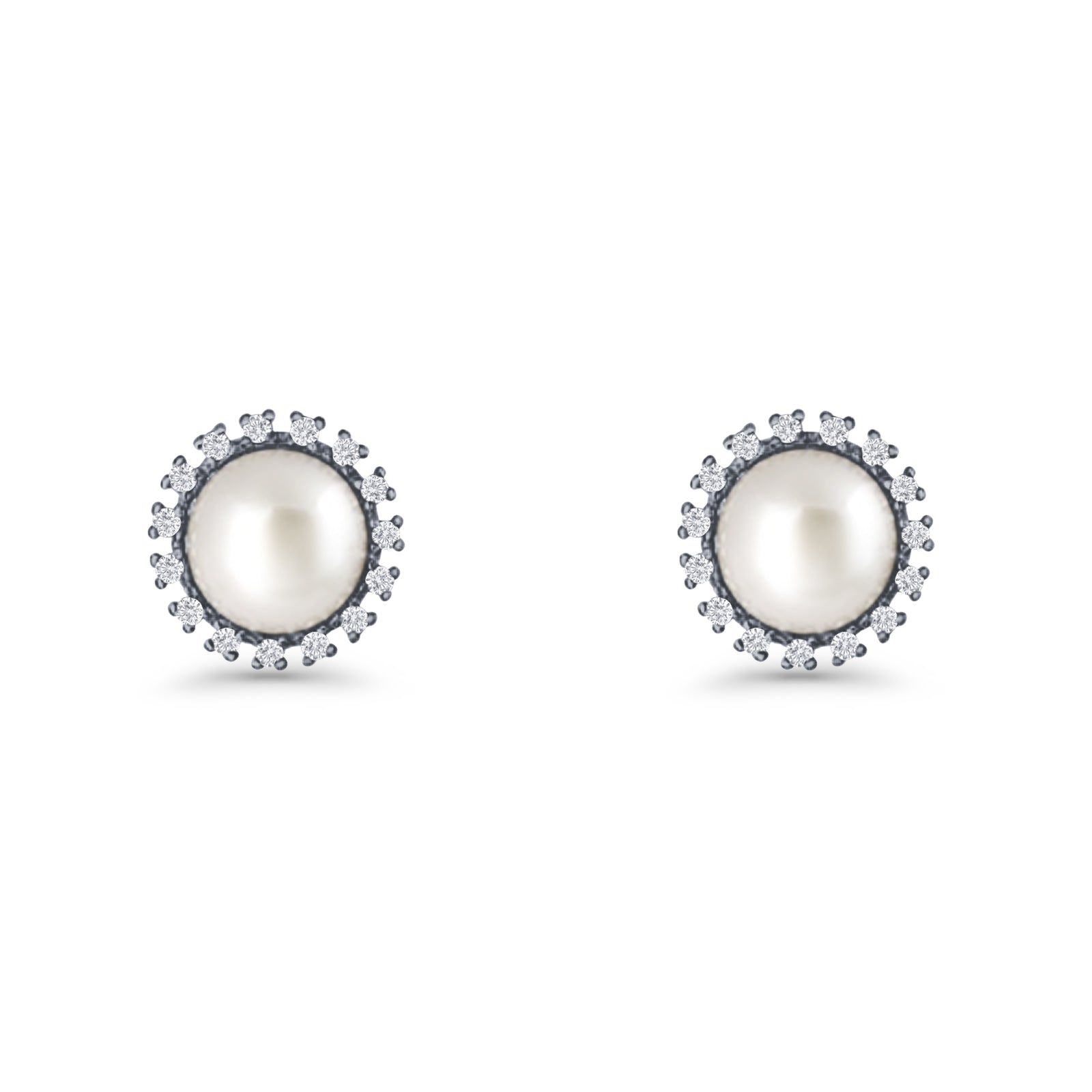 Pearl Stud Earrings 8.7mm Halo Cubic Zirconia 925 Sterling Silver