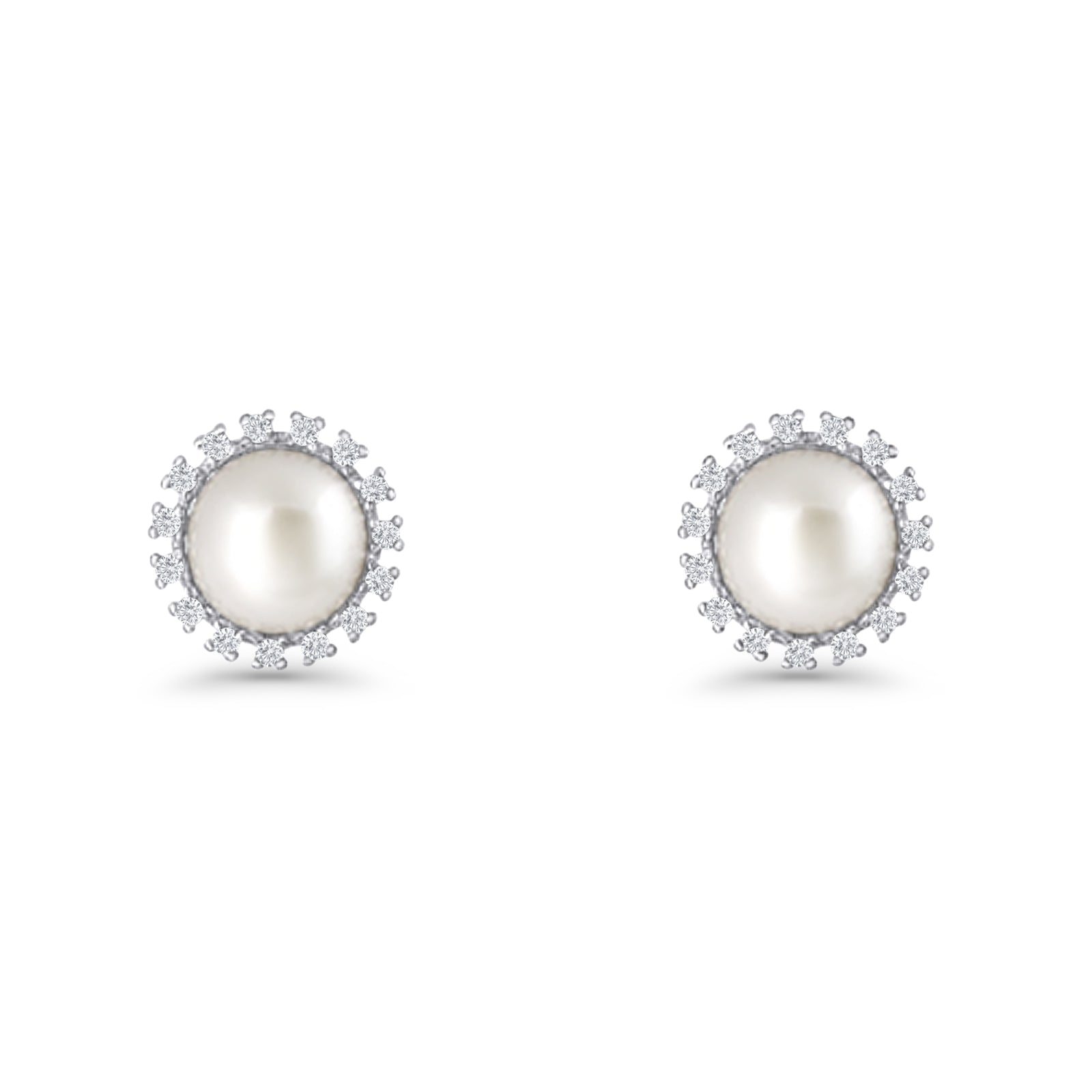 Pearl Stud Earrings 8.7mm Halo Cubic Zirconia 925 Sterling Silver