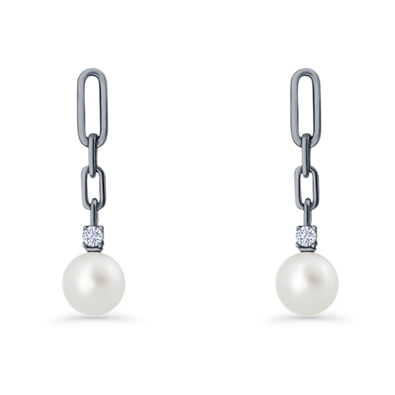 Round Cubic Zirconia & Pearl Paperclip Stud Earrings 925 Sterling Silver
