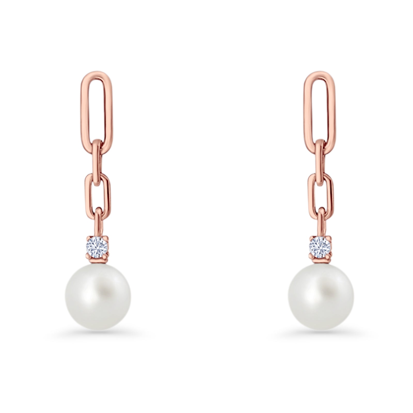 Round Cubic Zirconia & Pearl Paperclip Stud Earrings 925 Sterling Silver