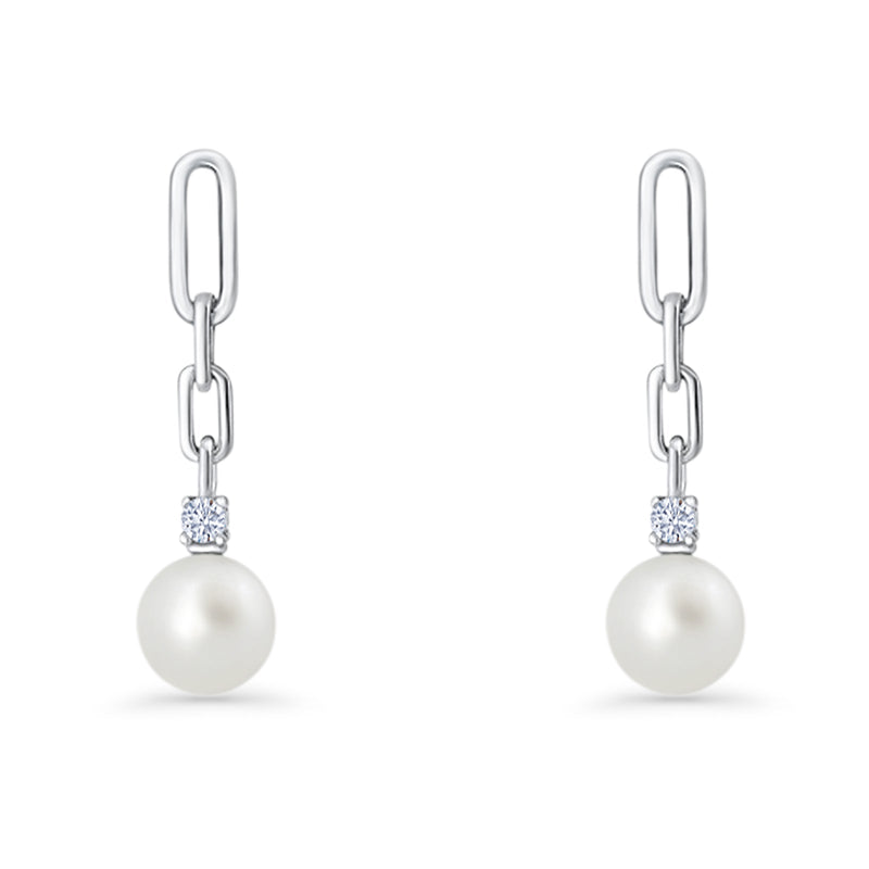 Round Cubic Zirconia & Pearl Paperclip Stud Earrings 925 Sterling Silver