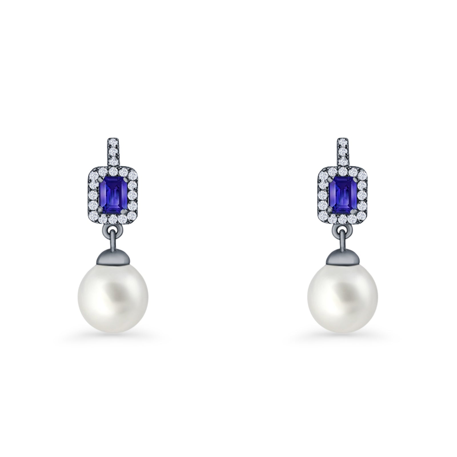 Emerald Cut Blue Cubic Zirconia & Pearl Charm Stud Earrings 925 Sterling Silver