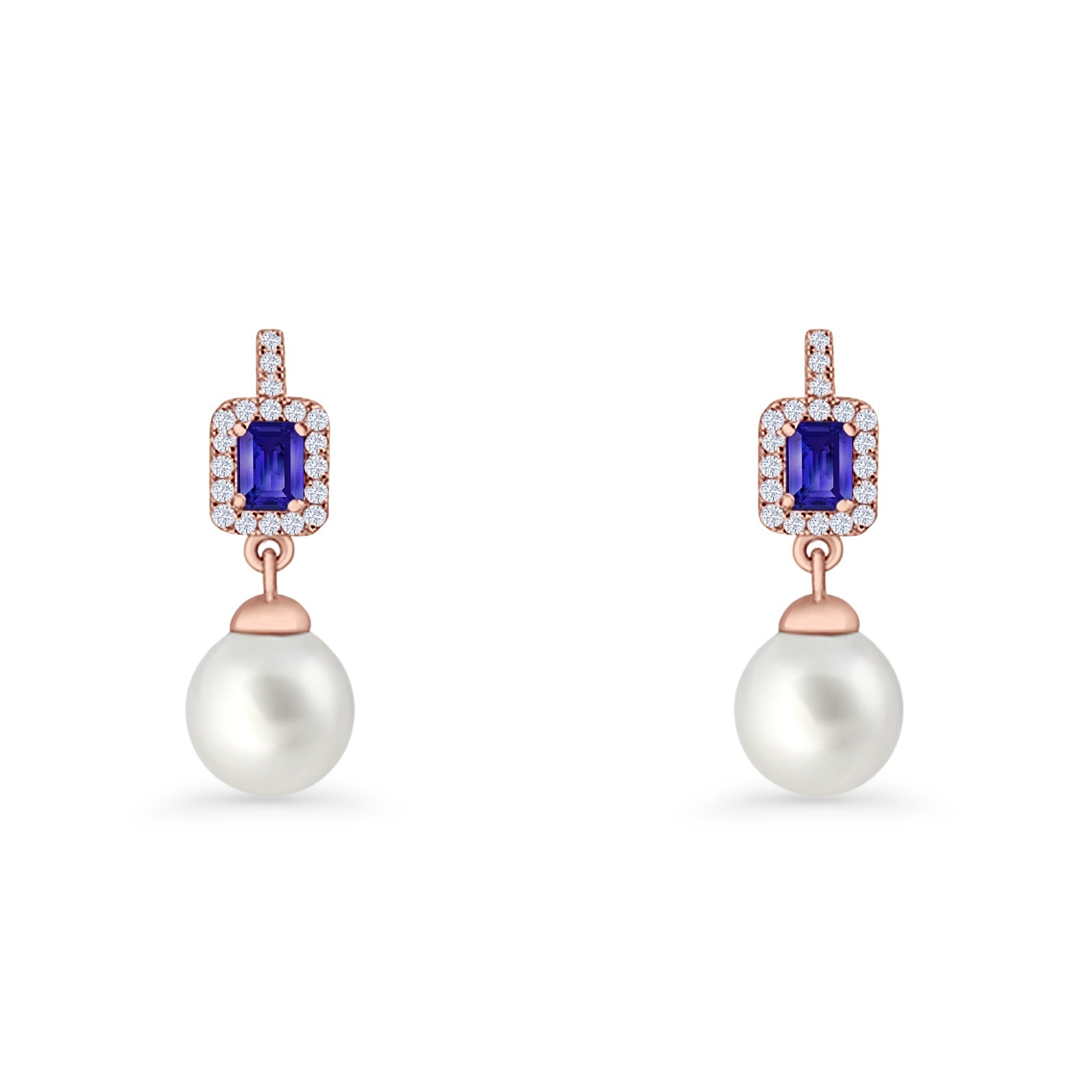Emerald Cut Blue Cubic Zirconia & Pearl Charm Stud Earrings 925 Sterling Silver