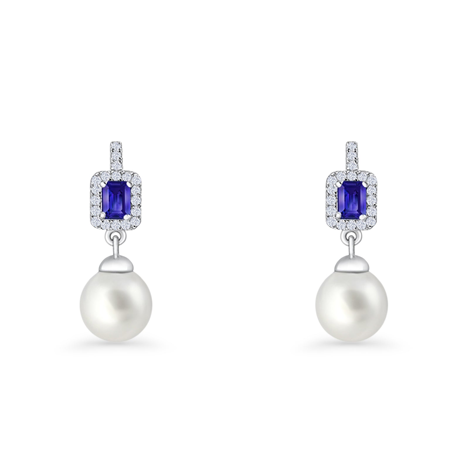 Emerald Cut Blue Cubic Zirconia & Pearl Charm Stud Earrings 925 Sterling Silver