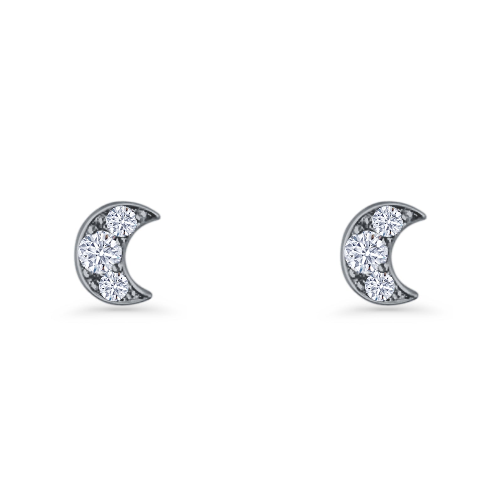 Crescent Moon Stud Earring 5mm Round Cubic Zirconia 925 Sterling Silver