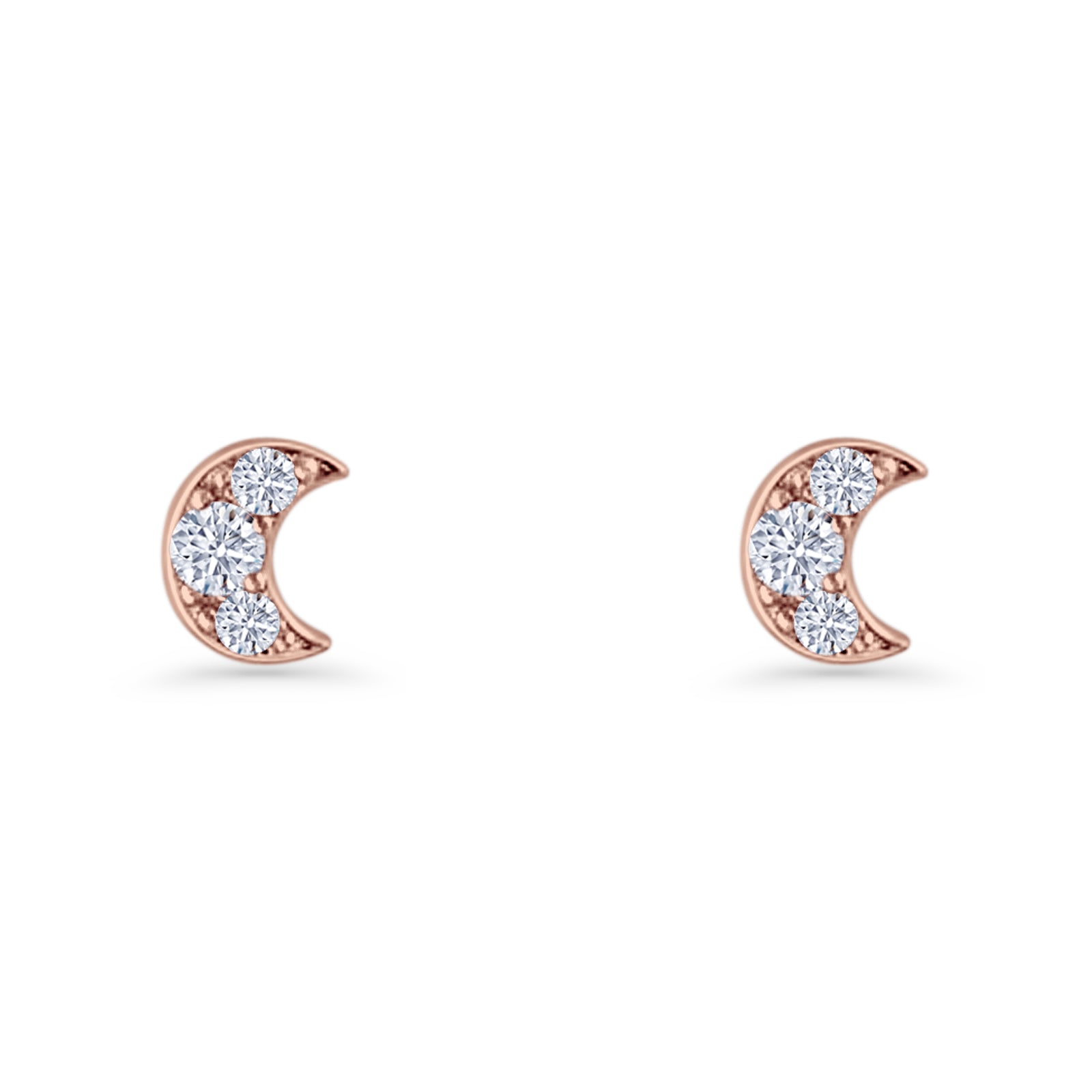 Crescent Moon Stud Earring 5mm Round Cubic Zirconia 925 Sterling Silver