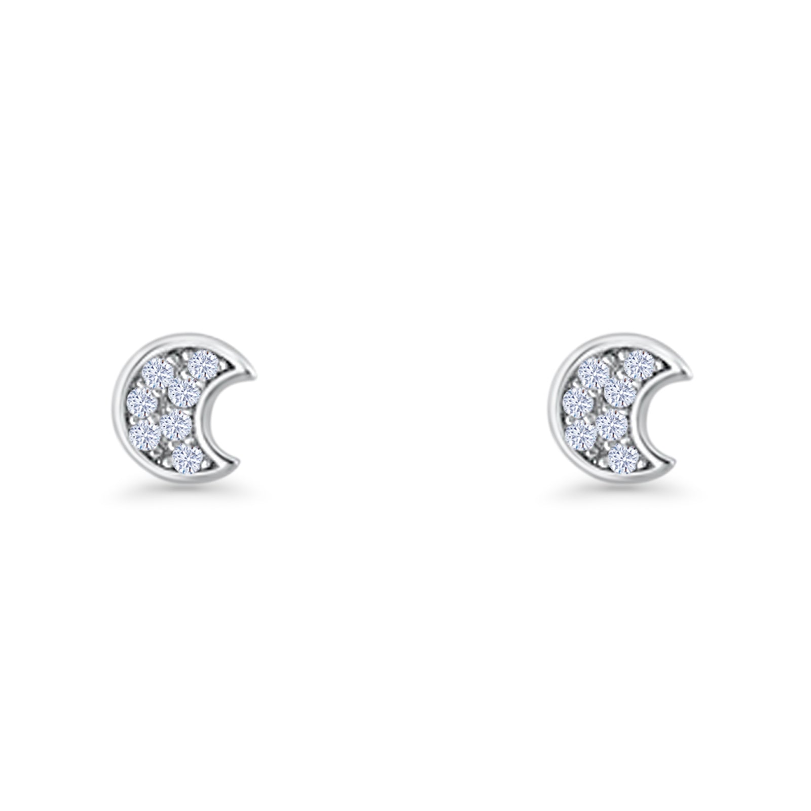 Crescent Moon Stud Earring 4.9mm Cluster Round Cubic Zirconia 925 Sterling Silver