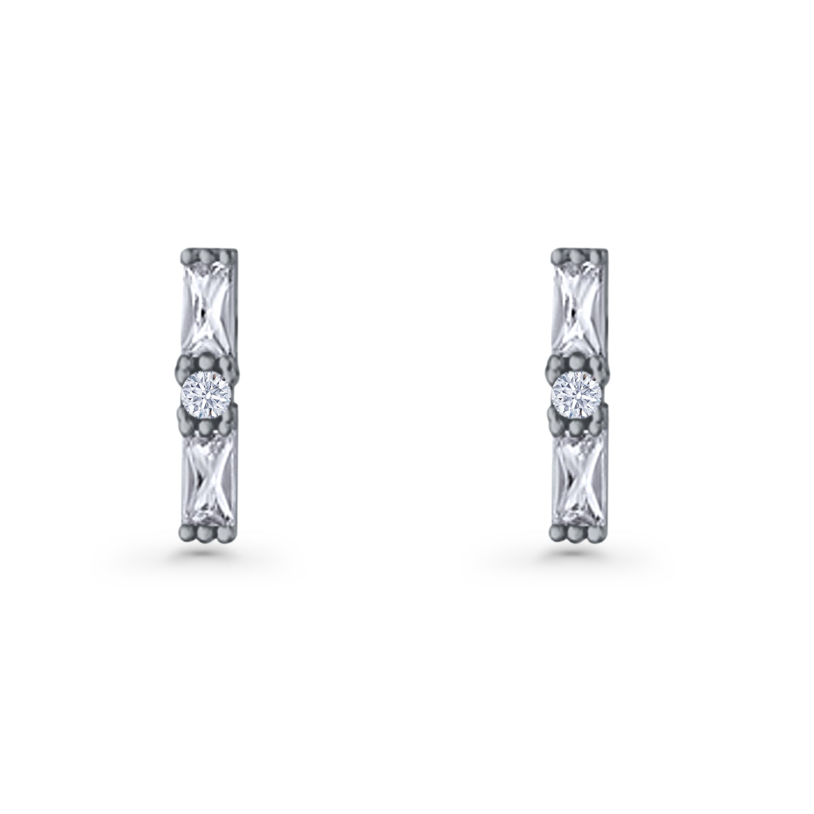 Line Bar Stud Earrings 12.4mm Baguette & Round Cubic Zirconia 925 Sterling Silver