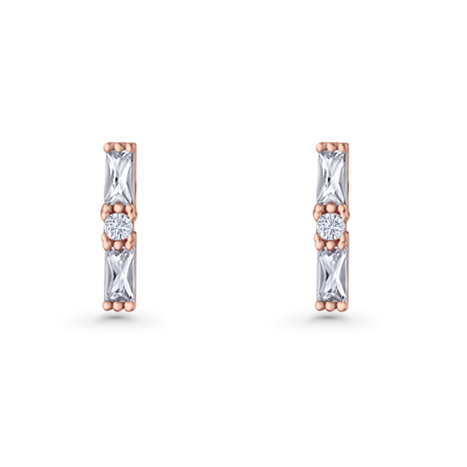 Line Bar Stud Earrings 12.4mm Baguette & Round Cubic Zirconia 925 Sterling Silver