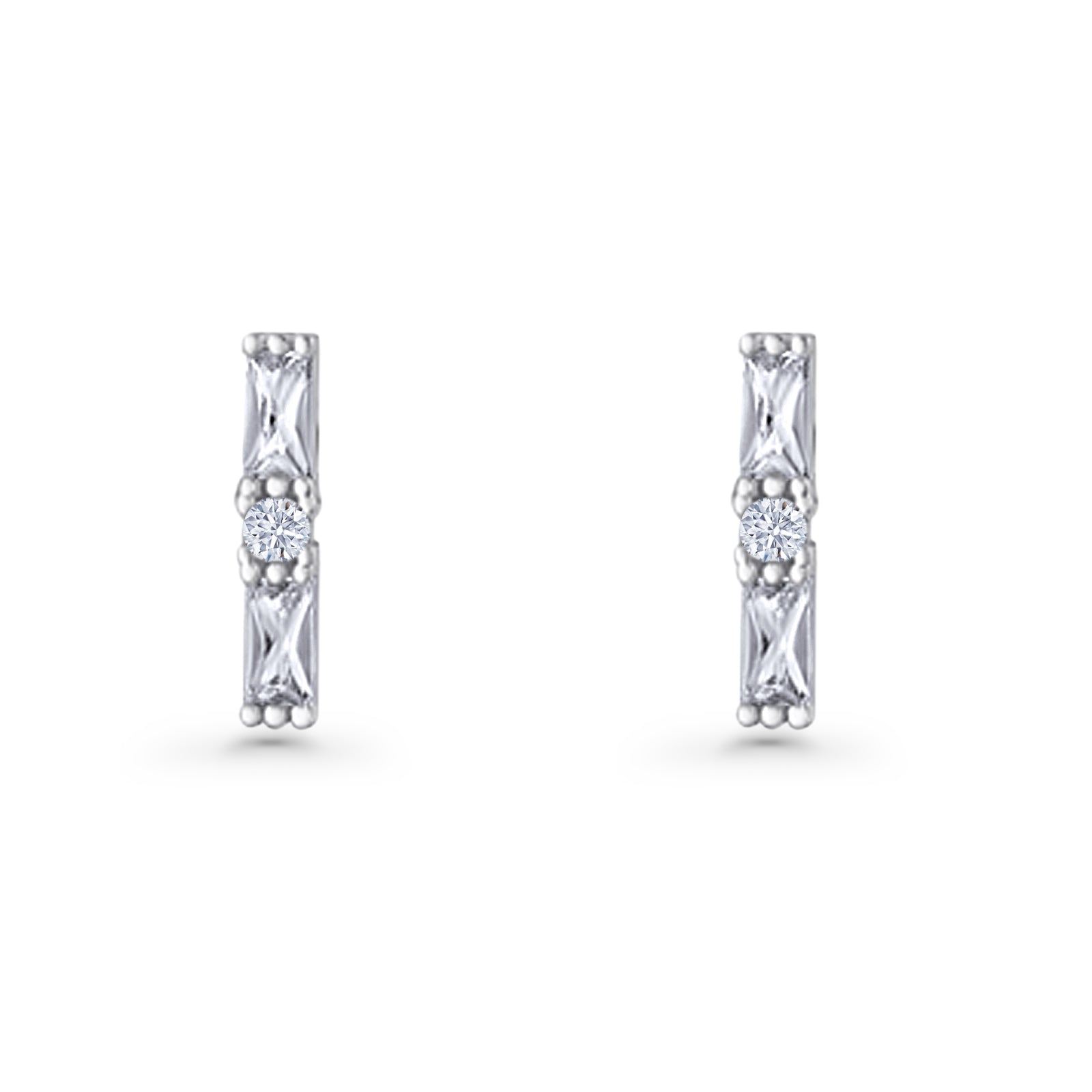 Line Bar Stud Earrings 12.4mm Baguette & Round Cubic Zirconia 925 Sterling Silver