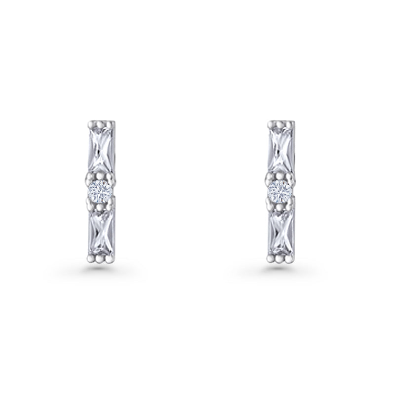 Line Bar Stud Earrings 12.4mm Baguette & Round Cubic Zirconia 925 Sterling Silver