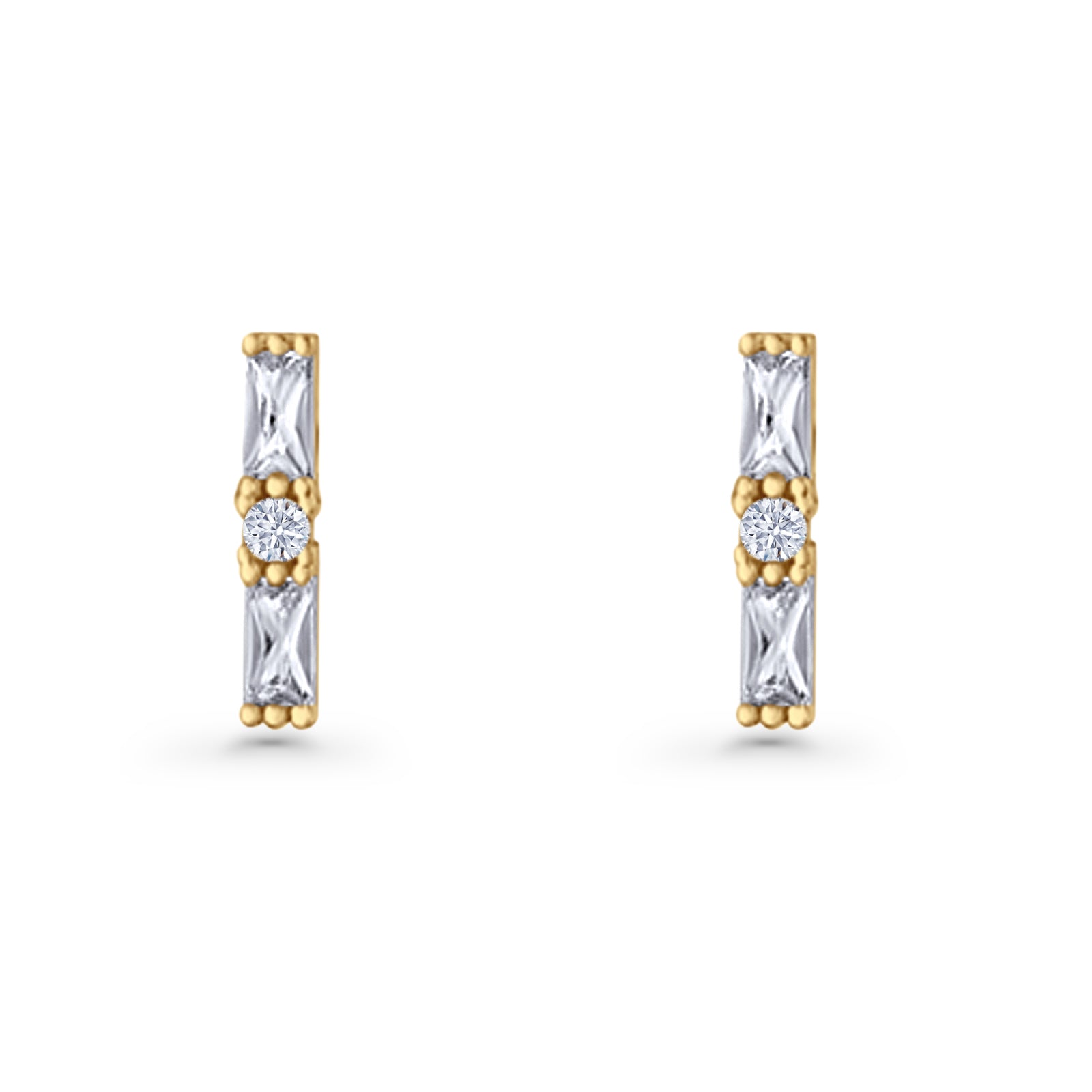 Line Bar Stud Earrings 12.4mm Baguette & Round Cubic Zirconia 925 Sterling Silver