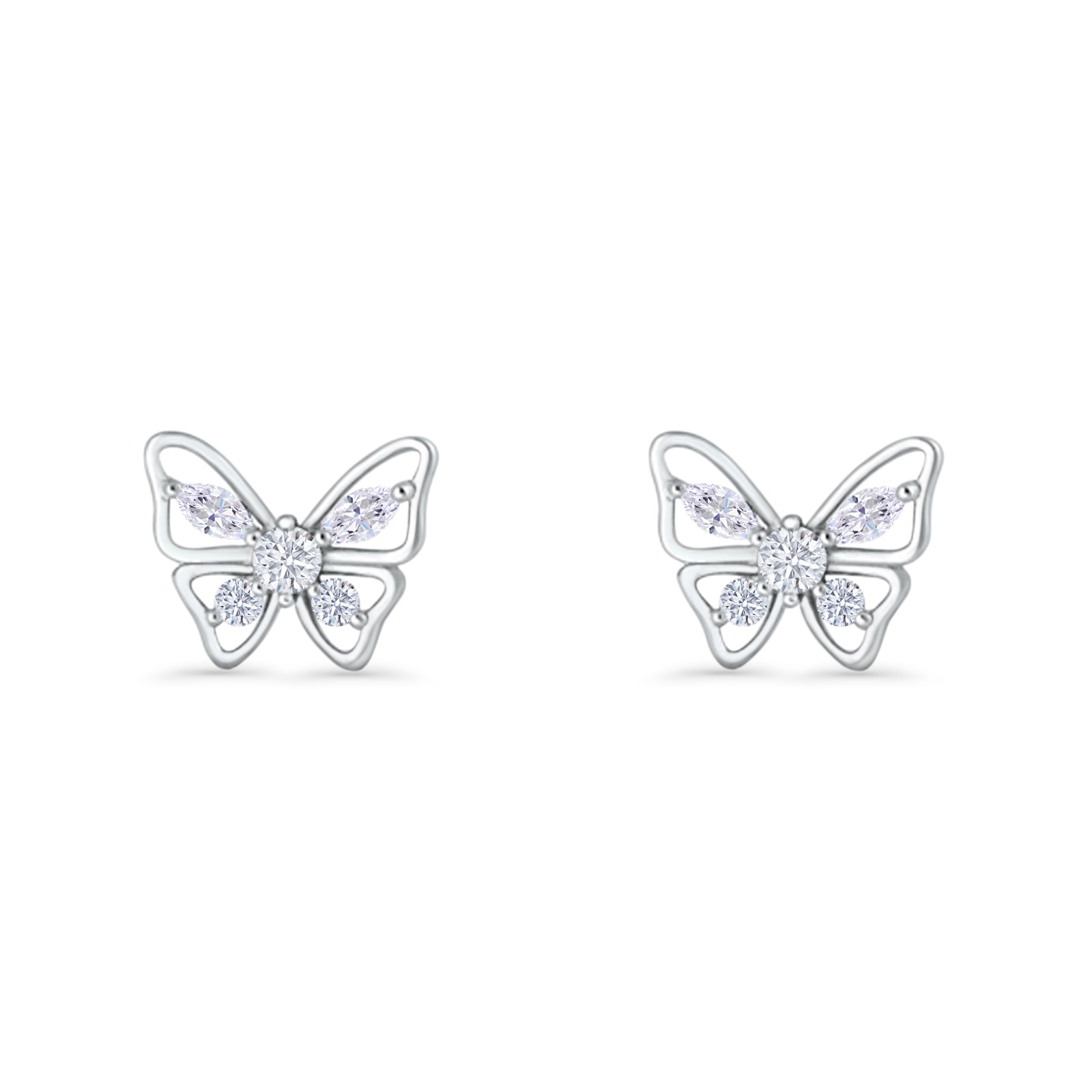 Minimalist 10.7mm Butterfly Stud Earrings Cubic Zirconia 925 Sterling Silver