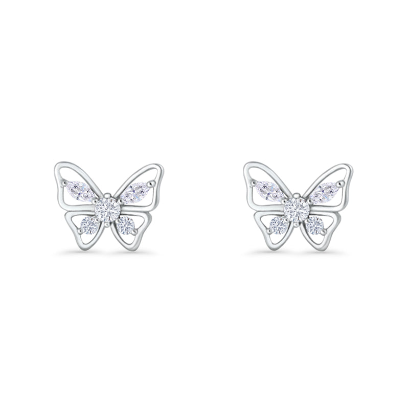 Minimalist 10.7mm Butterfly Stud Earrings Cubic Zirconia 925 Sterling Silver