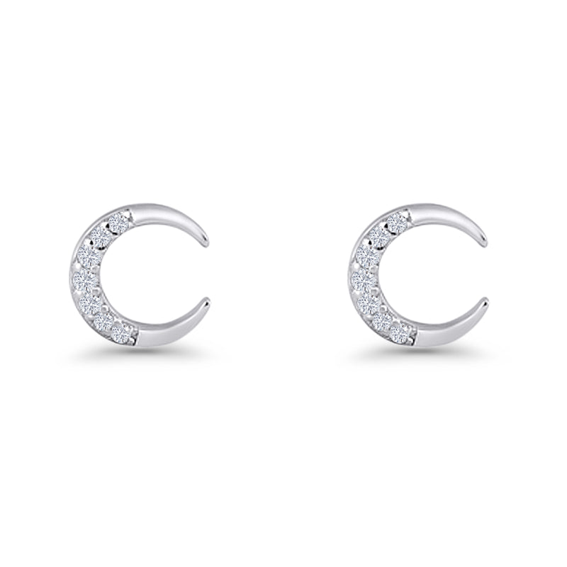 Minimalist 8.1mm Half Moon Stud Earring Cubic Zirconia 925 Sterling Silver